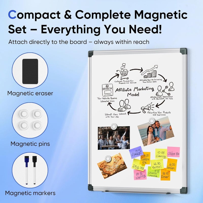 VUSIGN 24" x 18" Magnetic Whiteboard for Wall, Dry Erase Board with Silver Frame, Hanging White Board for Office, Home, School - Includes 1 Eraser, 2 Multicolor Markers & 4 Magnets - Image 2